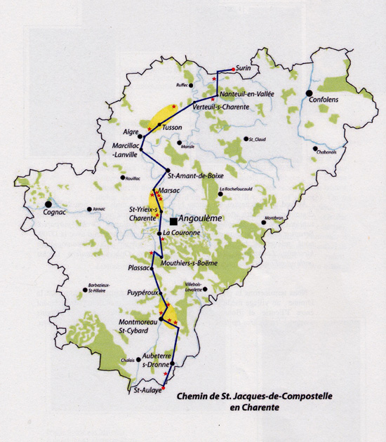 Microsites à Orchidées sur les chemins balisés de la Voie Turonienne (Via turonensis) des Chemins de Compostelle en Poitou-Charentes. Carte de la voie turonienne en Charente